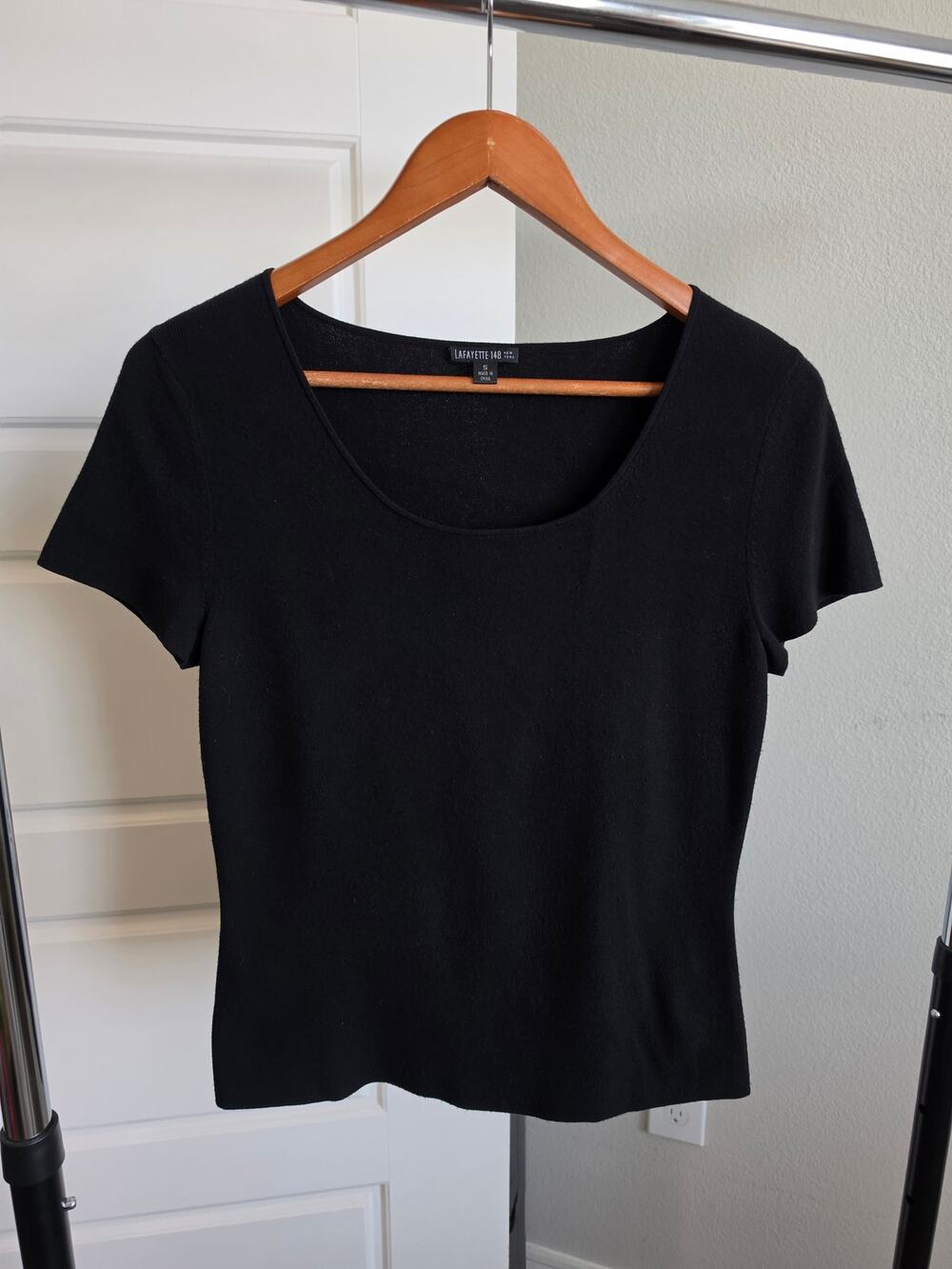 Lafayette 148 New York Ribbed Scoop Neck Short Sleeve Top Black Size S